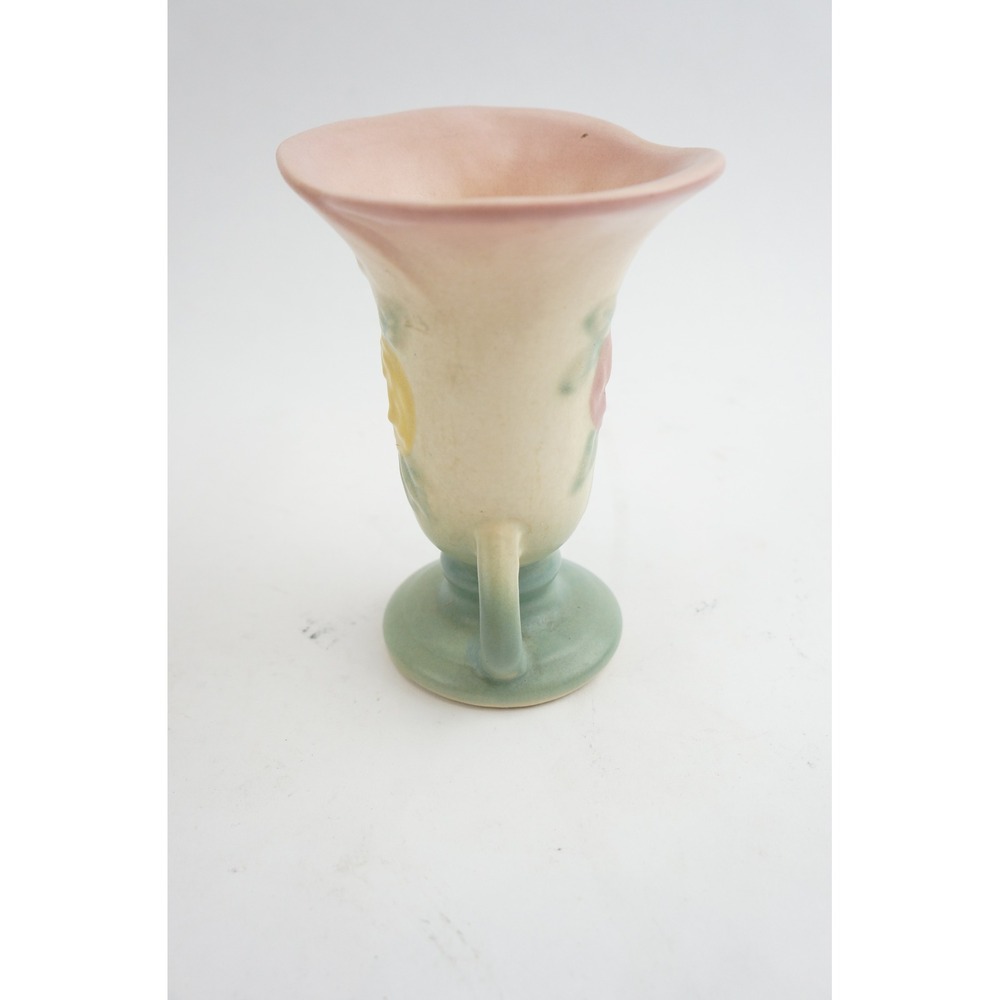 Hull Pottery‎ Vase Double Handle Pink Yellow Camellia Open Rose - Picture 3 of 6
